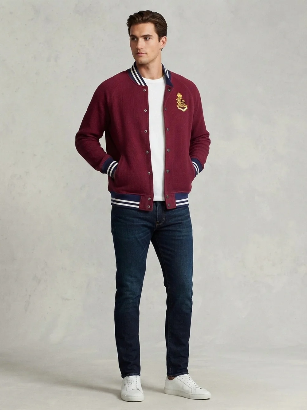 Polo Ralph Lauren Varsity Jacket Men’s XXL Burgundy Blue Snap Front Logo Bomber